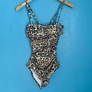 Smismivo Leopard Print One Piece Swimsuit Ruched Padded Slimming Bandeau NWT S